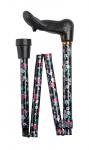 Folding Black Floral Walking Stick with Moulded Orthopaedic Handle 4680