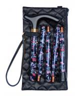 Black Floral Folding Walking Stick with Quilted Bag