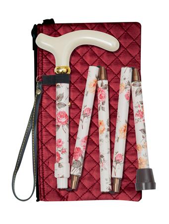 Cream Floral Folding Walking Stick - Quilted Bag & Wrist Loop