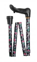 Folding Black Floral Walking Stick with Moulded Orthopaedic Handle