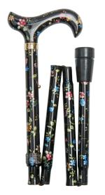 Folding Derby Handled Walking Stick - Black Floral 5003F