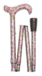 Folding Derby Handled Walking Stick - Pink Roses 5003E