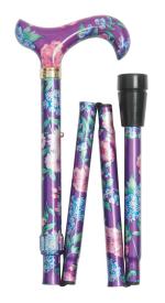 Folding Derby Handled Walking Stick - Purple Floral 5003G