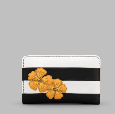 Hibiscus Medium Zip Around Leather Purse in black and white
