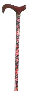 Walking Stick with Wooden Derby Handle in Red Floral Pattern
